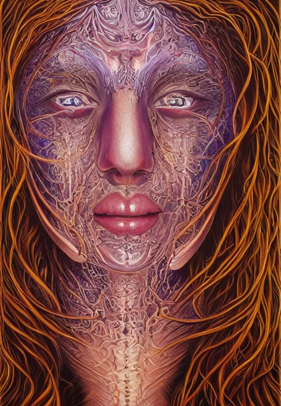 Prompt: perfectly centered portrait front view of a beautiful biomechanical moon goddess, flowing hair, intense stare, sweet smile, symmetrical, concept art, intricate detail, volumetric shadows and lighting, realistic oil painting by alex grey,