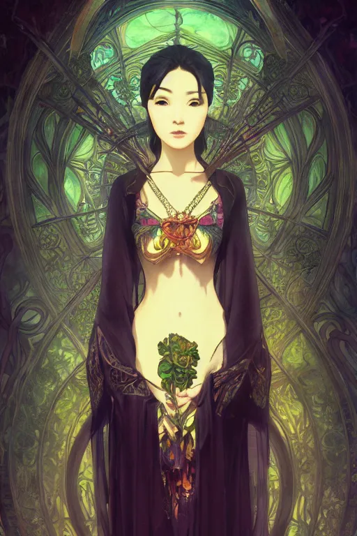 Prompt: a beautiful render of absolutely beautiful asian witch, gothic background, a beautiful face, perfectly shaded, atmospheric lighting, style of makoto shinkai, raphael lacoste, louis comfort tiffany, artgerm, karol bak, james jean, alphonse maria mucha