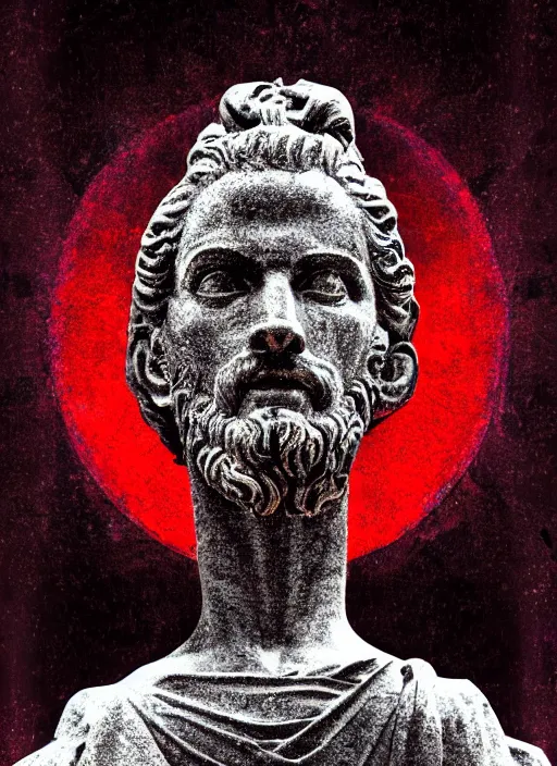 Image similar to dark design poster showing a statue of marcus aurelius, black background with very subtle red and purple design elements, powerful, nekro, vito acconci, thin straight lines, dark, glitch art, neo vaporwave, gritty, layout frame, square, trending on artstation