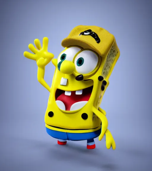 Prompt: Spongebob wearing a puffer jacket and a baseball cap, 3D model, clean background, studio lighting, 30mm