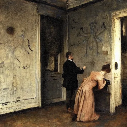 Image similar to a young man and a young woman solving an escape room puzzle, mysterious markings on the wall, by alfred stevens