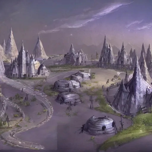 Prompt: medieval suburban neighborhood on the surface of the moon, space plants, concept art,