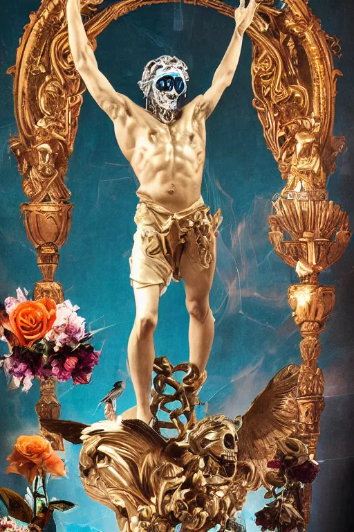 Image similar to a young handsome Spanish metal android with a large glowing battery in the center of his chest in a full-body bronze cyberpunk style statue of Icarus with glowing blue eyes, crown of peach roses, flowing teal-colored silk, fabric, flowers. baroque elements, human skull. full-length view. baroque element. intricate artwork by caravaggio. many many birds birds on background. Trending on artstation, octane render, cinematic lighting from the right, hyper realism, octane render, 8k, depth of field, 3D