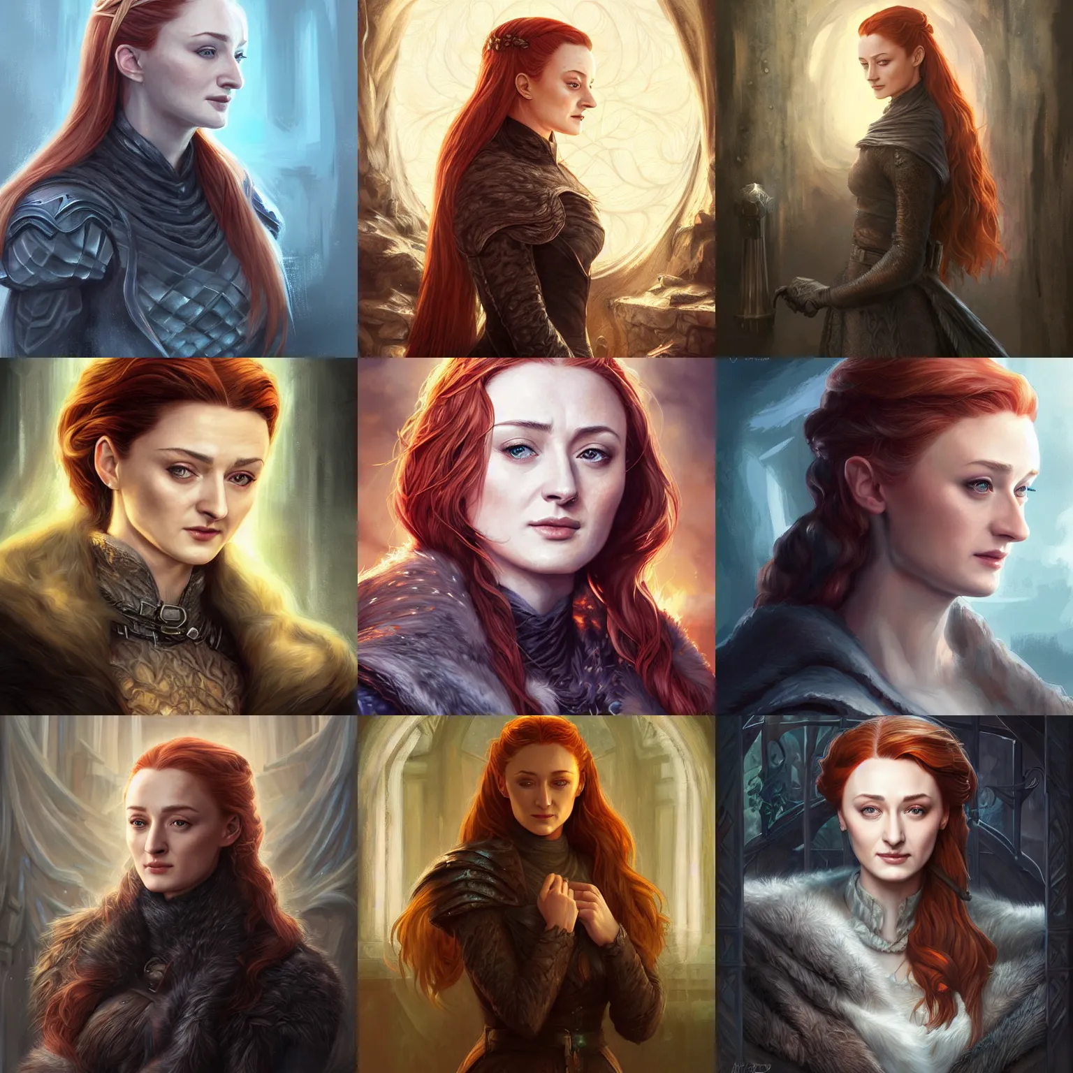 Prompt: a painting of sansa stark at age 6 5 by artgerm and ross tran, highly detailed digital art, intricate environment, atmospheric lighting, deviantart