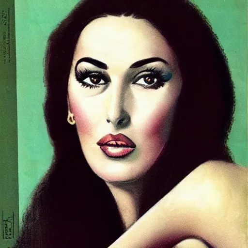 Image similar to “Monica Bellucci portrait, color vintage magazine illustration 1950”