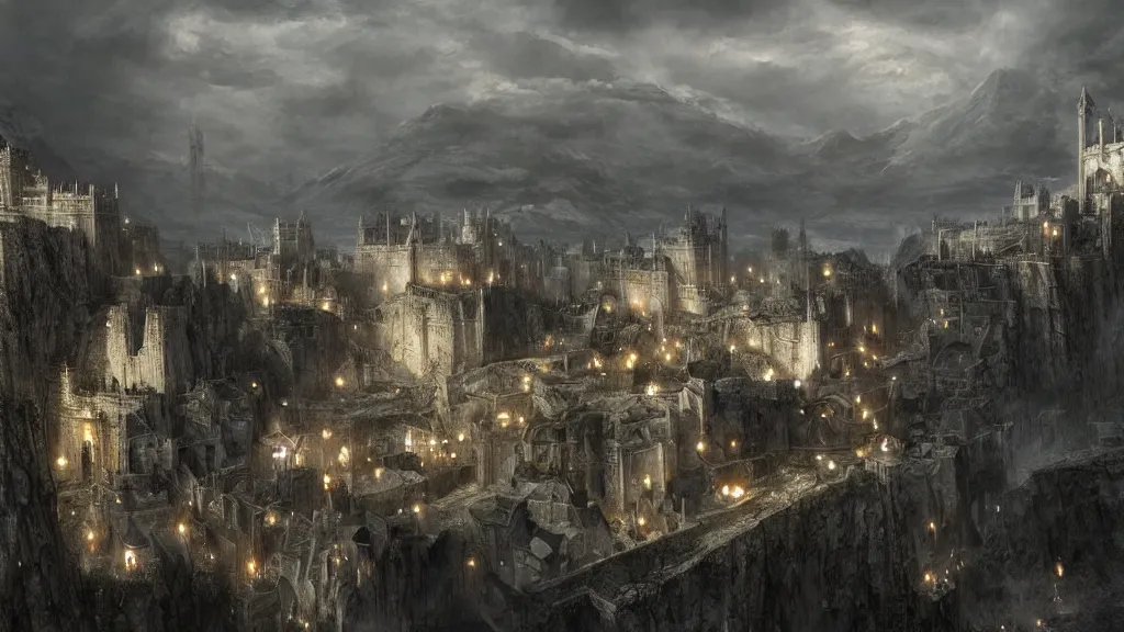 Prompt: the white city of minas tirith in gondor, middle - earth, by alan lee, michal karcz, smooth details, lord of the rings, game of thrones, smooth, detailed terrain, oil painting, trending artstation, concept art, fantasy matte painting