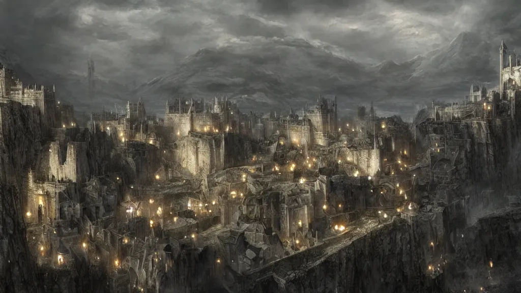 prompthunt: the white city of minas tirith in gondor, middle - earth, by  alan lee, michal karcz, smooth details, lord of the rings, game of thrones,  smooth, detailed terrain, oil painting, trending