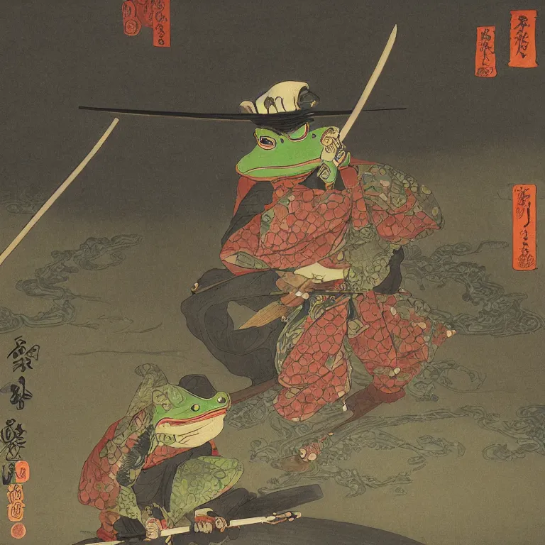 Prompt: Beautiful Intensely lit realistic scene of a Frog Samurai crossing a bridge, beautiful oil painting in the style of Kuniyoshi and Sharaku, trending on artstation dramatic lighting realism