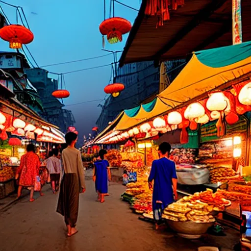 Image similar to an immaculate digital matte painting placid asian street market scene at dusk.