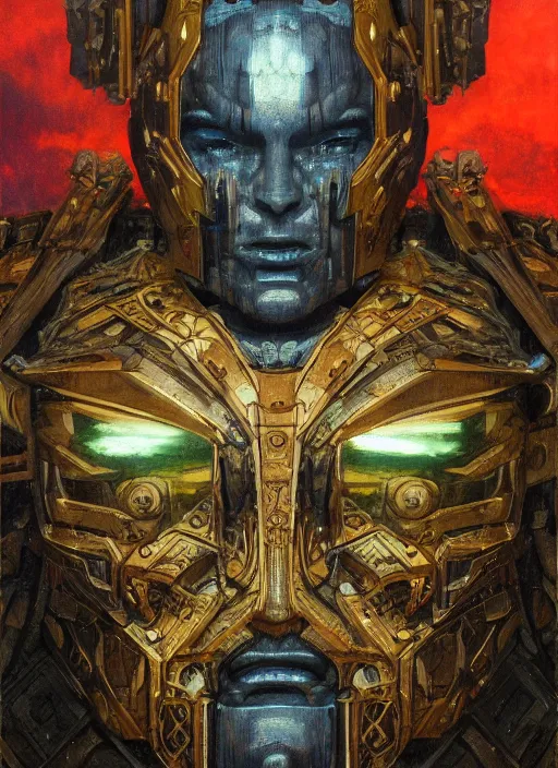 Prompt: symmetry! closeup biblical diabolical beautiful wooden cyborg! stylish armor, heavy eyes to the side, closeup, bright glowing eyes, in clouds, rain, sunset, portrait, by gerald brom, by mikhail vrubel, by peter elson, muted colors, extreme detail, mirrors, trending on artstation, 8 k