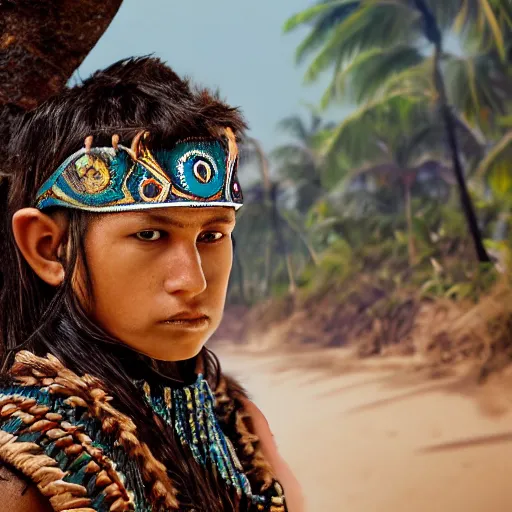 Image similar to portrait of a young mayan jaguar warrior, beach pic, depth of field, zeiss lens, detailed, symmetrical, centered, fashion photoshoot, by annie leibovitz and steve mccurry, david lazar, jimmy nelsson, breathtaking, 8 k resolution, extremely detailed, beautiful, establishing shot, artistic, hyperrealistic, beautiful face, octane render