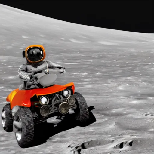 Image similar to render of monkey wearing a space helmet riding an atv on the moon,