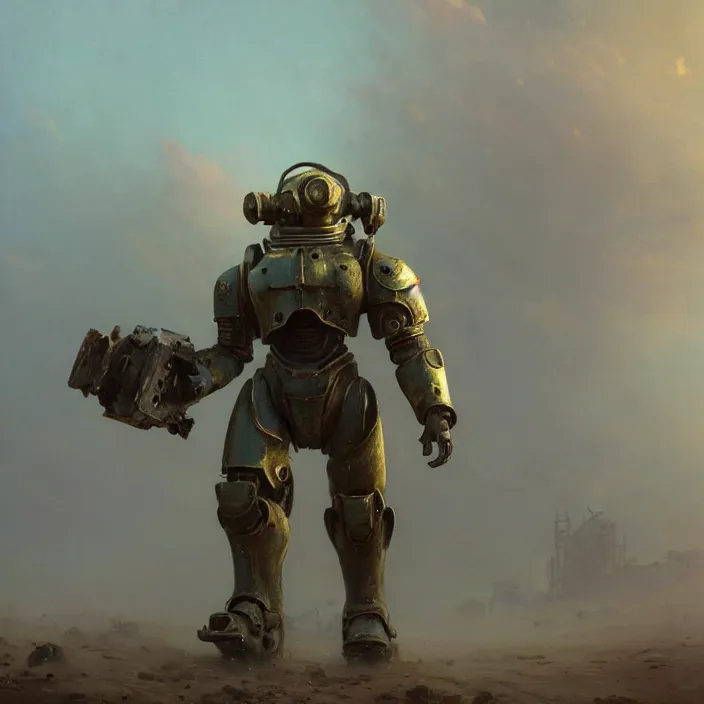 Image similar to a beautiful oil painting of a t - 5 1 power armor, fallout, fallout 4 by ivan aivazovsky and greg rutkowski and james gurney and frank lloyd and sung choi and monet, in style of impressionnisme. hyper detailed, sharp focus, soft light. unreal engine 5 lumen. ray tracing. trending on artstation. oil on canvas