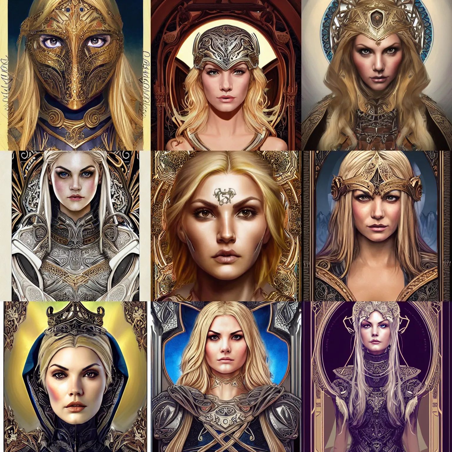 Image similar to head-on symmetrical centered painted portrait, Mais Hamdan and Elisha Cuthbert as a paladin, blonde hair, ornate iron armour, art nouveau, tarot card style, fantasy, intricate, elegant, highly detailed, smooth, sharp focus, illustration, artstation, in the style of Artgerm and Anna Podedworna and Alex Ross and Mucha