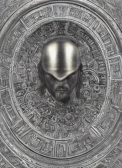 Image similar to highly detailed picture of great greek warrior with a shield, edge of the universe, perfectly symmetrical face, cinematic romantic magical, greek myth, masterpiece, from the book by gene wolfe, highly detailed painting by gustave dore, digital art, trending on artstation, golden ratio, perfect symmetrical, perfect intricate