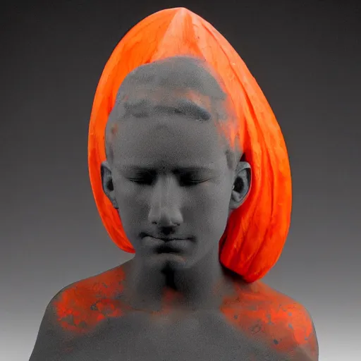 Prompt: cinnabar, warm orange lifelike by stuart immonen. a beautiful sculpture. the abyss above him shone with unflickering stars. one of the dots of light was earth. he didn't know which one.