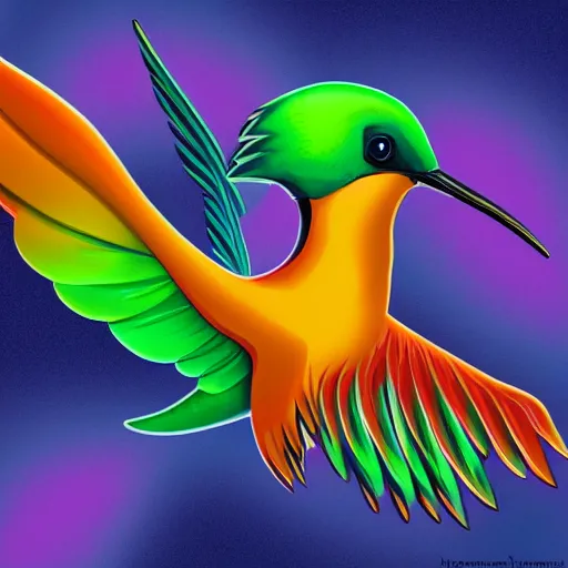 Image similar to frantic hummingbird phoenix zipping around, wanting to explore and investigate everything. it\'s curiosity is unbounded and unsatiable, digital art, trending on artstation, cartoon, stylized, rainbow feathers