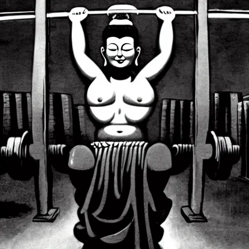 Prompt: the buddha lifting weights in the gym