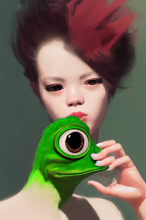 Prompt: portrait of a punk girl on a date with pepe! the frog! drinking coffee in the style of fenghua zhong and ruan jia and jeremy lipking and peter mohrbacher, extremely detailed digital painting, 8 k, natural lighting