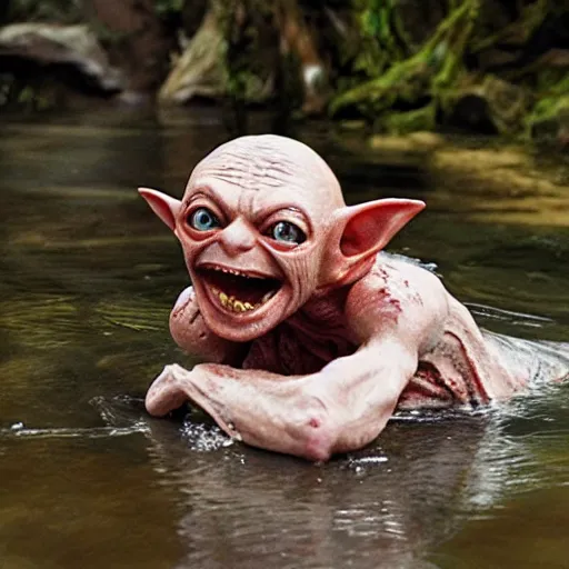 Prompt: Gollum floats on a bloody stream