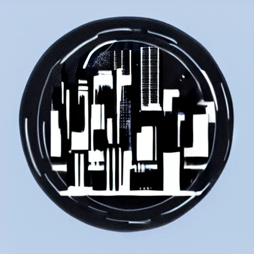 Image similar to a perfect circle, the outer edge of the circle is hugged by the silhouette of a city skyline, black and white, minimalist, in the style of a line drawing