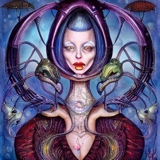 Prompt: surreal portrait of alien wizardess, artwork by Daniel Merriam,