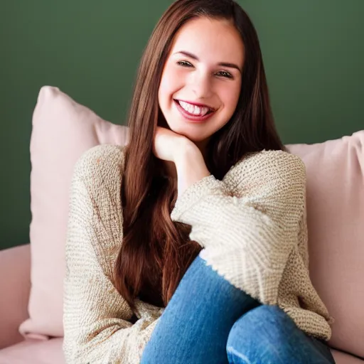 Image similar to Photograph of a cute young woman smiling, long shiny bronze brown hair, heart-shaped face, emerald green eyes, medium skin tone, light cute freckles, smiling softly, wearing casual clothing, relaxing on a modern couch, interior lighting, cozy living room background, medium shot, mid-shot, soft focus, 4k, professional photography, Portra 400