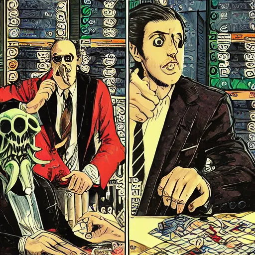 Image similar to Cthulhu as a modern day business man with a family and a drug and gambling addiction, necronomicon is the family Bible , Junji Ito and Greg rutkowski, psychedelic , 50s style infomercial , award winning , retro futuristic