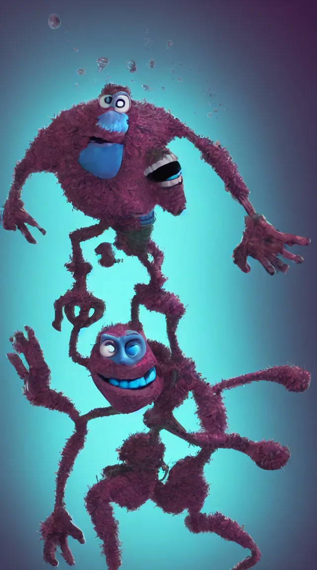 Prompt: a full studio shot of a virus as a pixar character against a dark cyan backdrop. character study.