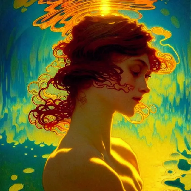 Image similar to mind bending sapphire ocean waves of glossy psychedelic liquid honey drops flowing like kaleidoscopic translucent amber, lsd waves, dmt ripples, crystal clear, backlit, sunset, refracted lighting, art by collier, albert aublet, krenz cushart, artem demura, alphonse mucha