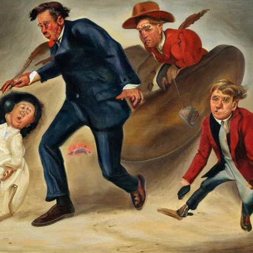 Image similar to A group of politicians run away terrified as a giant shoe is about to crush them, oil on canvas, detailed, High quality