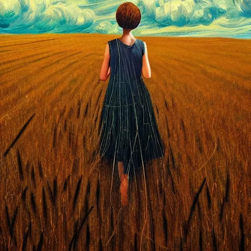 Prompt: giant daisy as a head, girl walking in wheat field, hills, surreal photography, dark night, star trails, dramatic light, impressionist painting, clouds, digital painting, artstation, simon stalenhag