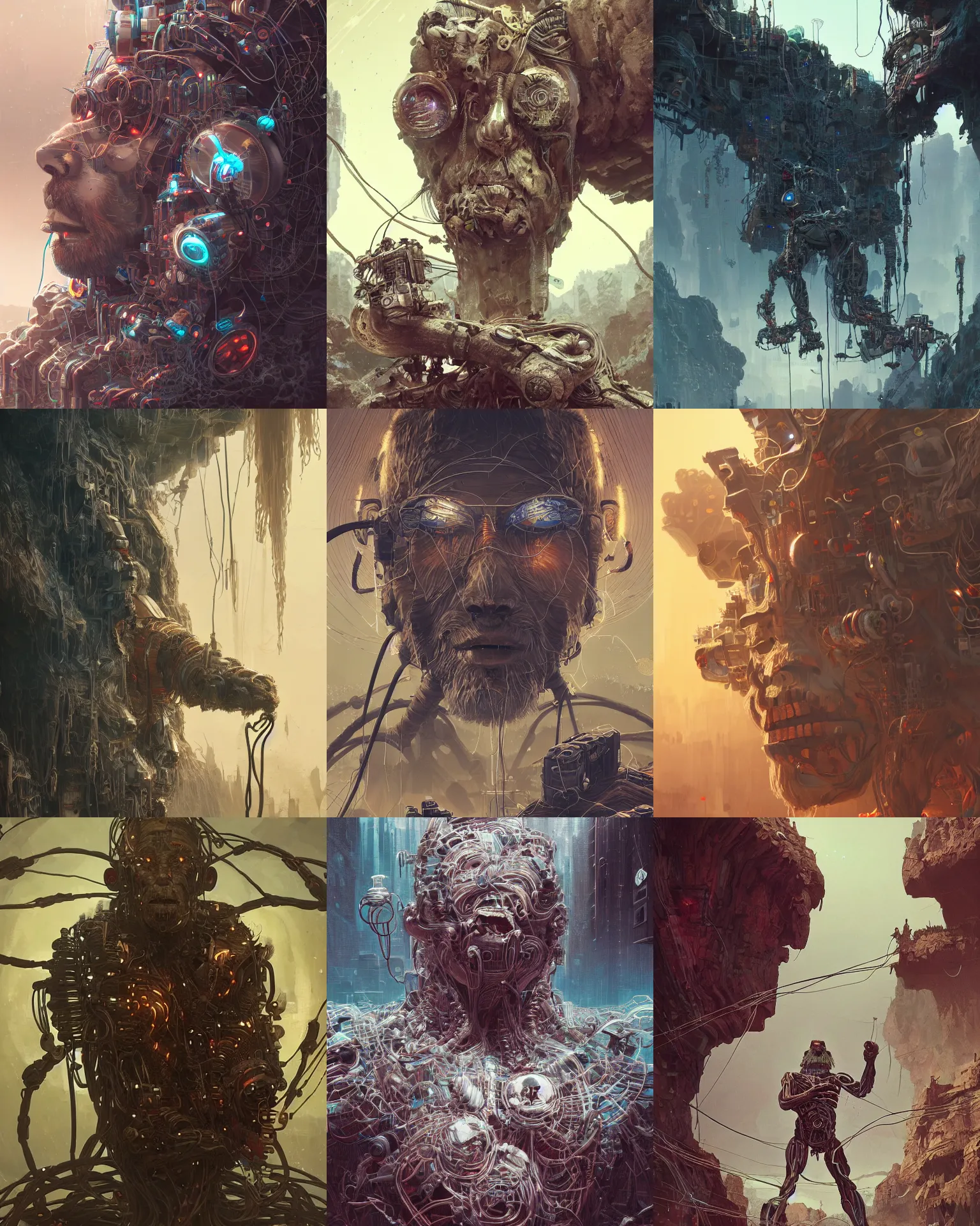 Prompt: cave man cyborg, wires everywhere. intricate abstract. intricate artwork. by tooth wu, wlop, beeple, dan mumford. trending on artstation, greg rutkowski very coherent symmetrical artwork. cinematic, hyper realism, high detail, octane render, 8 k, iridescent accents