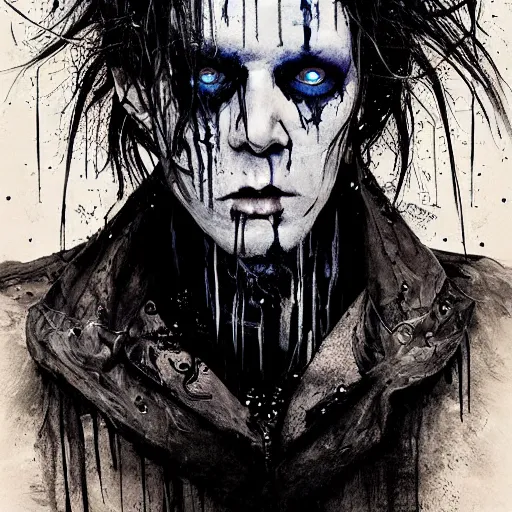 Image similar to gaunt ( the cure fan ) as dream from sandman, dim stars as eyes, by jeremy mann, by cedric peyravernay, by by russ mills, by richard avedon and ben templesmith, dramatic lightning, sadness, dark eye sockets, in the shadows, punk rock, gothic, high detailed, 8 k