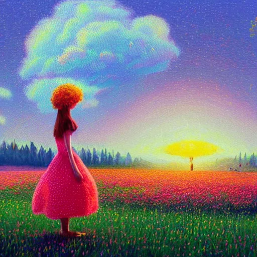 Image similar to flower field becoming a girl with dress and a giant flower as a face, hills, big trees, sunrise dramatic light, impressionist painting, colorful clouds, digital painting, pointillism, artstation, simon stalenhag