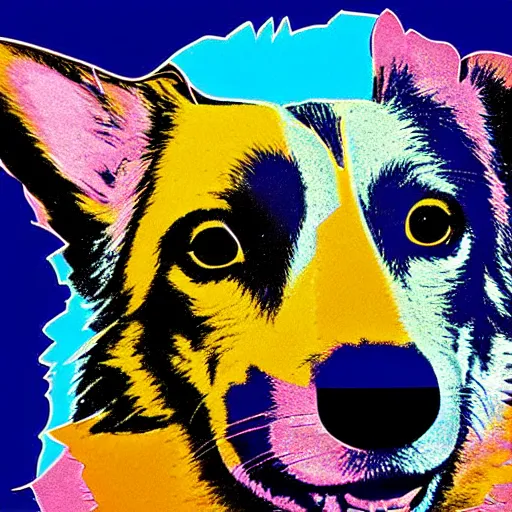 Image similar to corgi digital art in the style andy warhol, similar in design to marilyn diptych, high saturation, colorful, many different colors