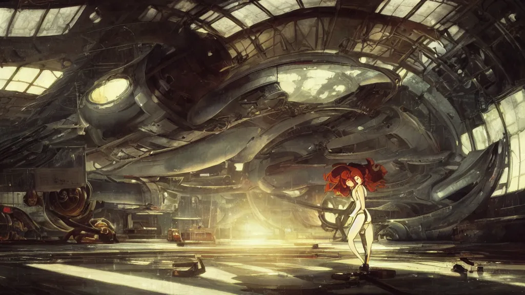 Image similar to a film still of a 1 9 5 0's mechanic anime girl repairing ufo in big hangar inside spaceship, sharp focus, finely detailed features, full body mid shot, perfect art, trending on pixiv fanbox, painted by gaston bussiere, makoto shinkai, akihiko yoshida, gaston bussiere, craig mullins