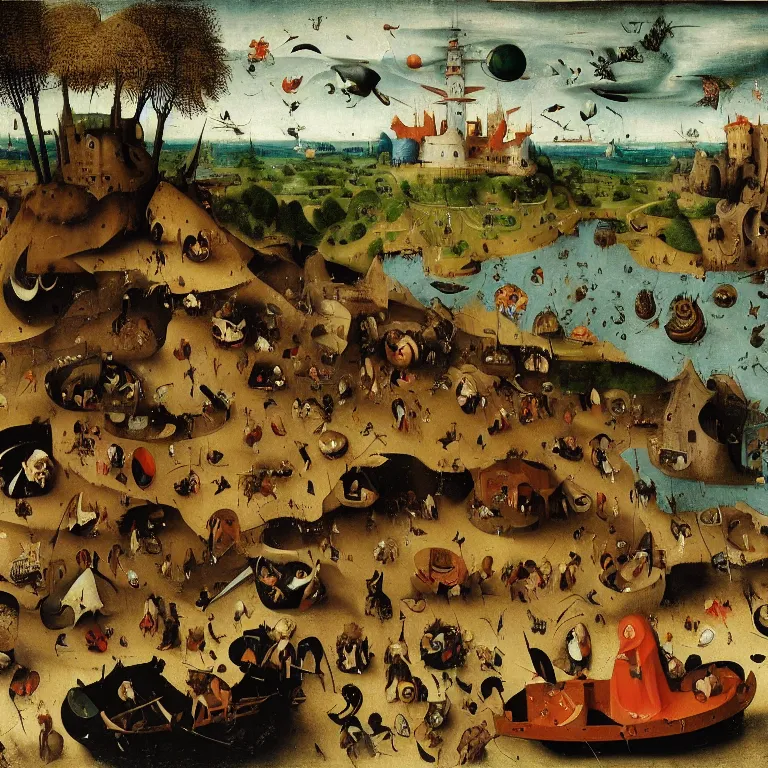 Image similar to The medium shot of three sarcastic mans with a lot of fish running away with a small profit of money, Grim Reaper laughs and follow them, by Hieronymus Bosch and Pieter Bruegel inspired by Terry Pratchett, super detailed oil painting, hyper realistic, 4k, masterpiece