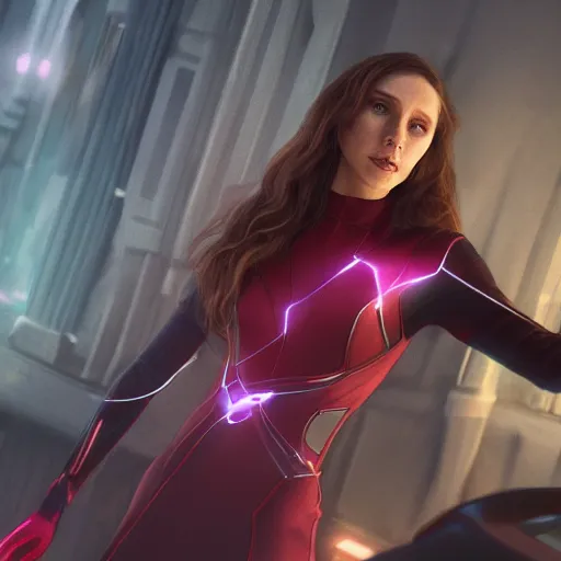 Image similar to movie still of scarlet witch rewriting the fabric of reality, photorealistic art style, futurism aesthetic, artstation, cgsociety contest winner