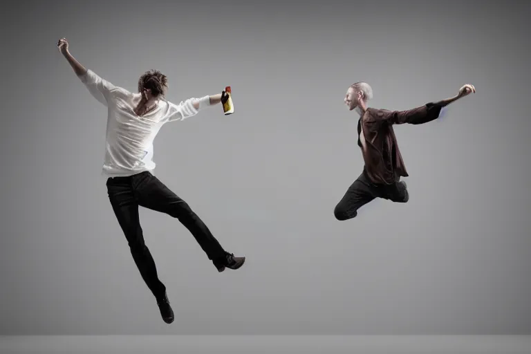 Prompt: A male model boisterously dancing around the room by himself holding an empty wine bottle as he jumps in the air by Lynda Benglis, octane render, 4k, 8k, (sharp) , very very beautiful, stunning, twisted, vanishing, transparent, ethereal