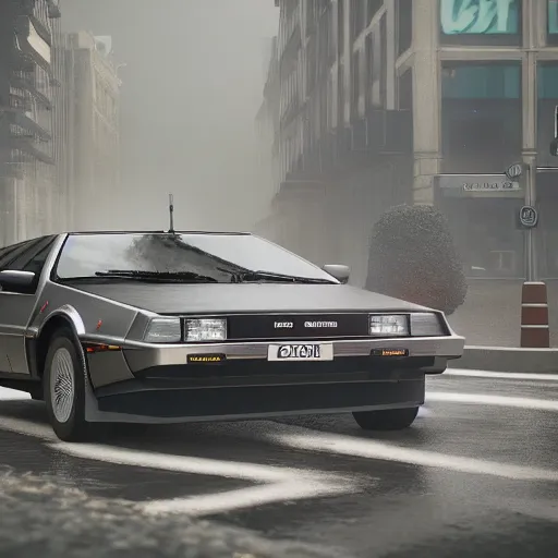 Image similar to hyperdetailed, photorealistic photograph of a dmc 1 2 delorean driving in the streets, rain, night, dense fog, hd, unreal engine 5