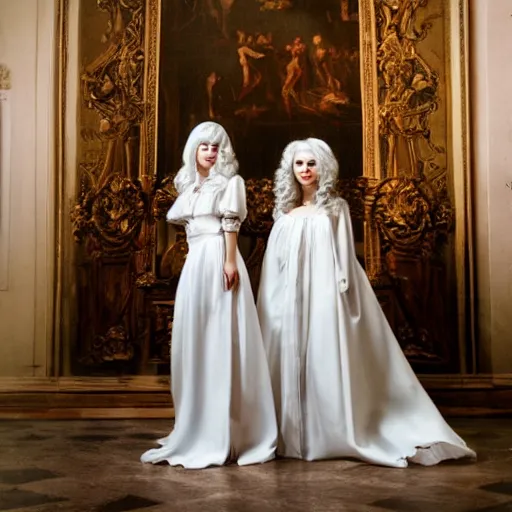 Image similar to photograph of two women with baroque white dresses and white baroque wigs in a hall, candle light fashion photography