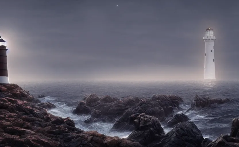 Image similar to lighthouse in the night, directed by charlie kaufman ( 2 0 0 1 ) anamorphic lenses, a rocky shore in the foreground, foggy volumetric light morning, a beam of light from the heavens, cinematic trending on artstation in the style of greg rutkowski