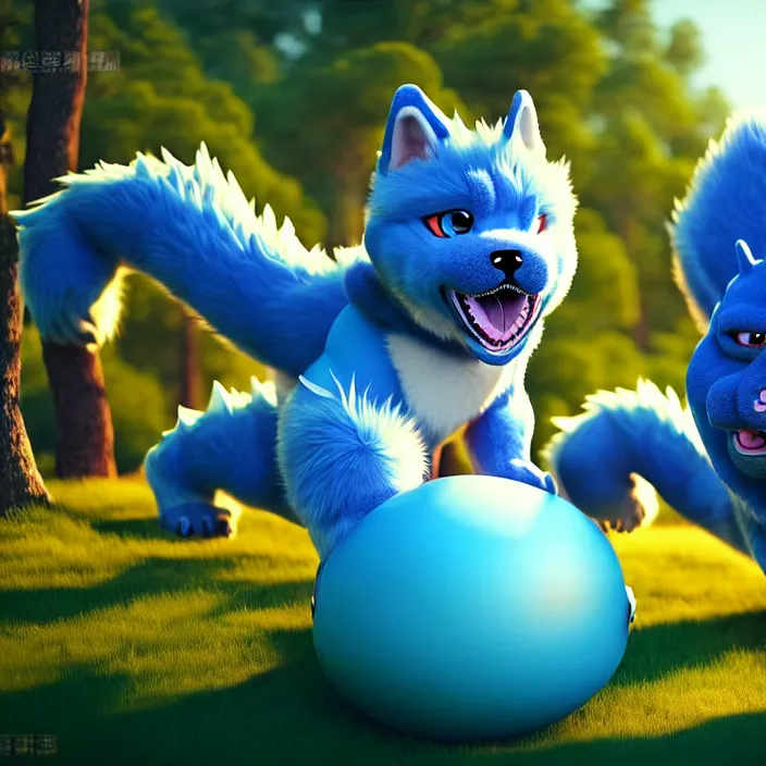 Image similar to a rotund and spherical anthropomorphic male blue dragon fursona being rolled up a hill by an anthropomorphic male husky, furry, round, sphere, 3 d render, unreal engine 5, octane render, soft colors, vivid, cute, 1 6 k