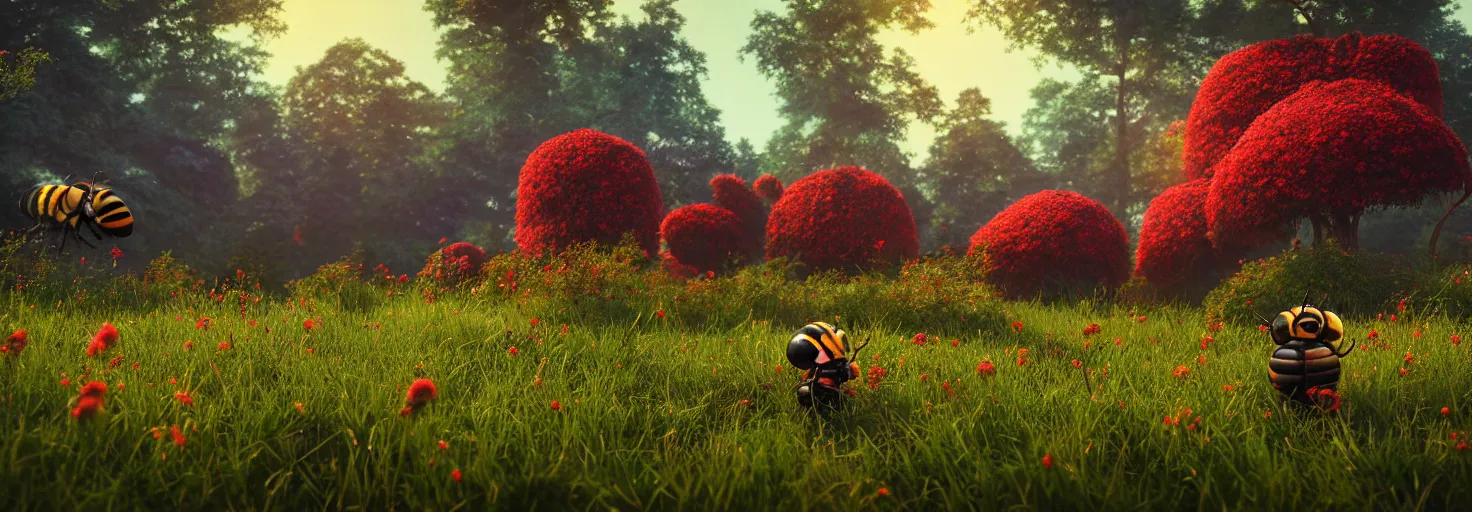 Prompt: stunning glowing crimson beehive with black accents, in a beautiful forest meadow village landscape, flowers, happy trees, photorealistic, octane render, rtx, hdr, unreal engine, digital art widescreen 8 k, studio ghibli, pixar, bee movie, disney