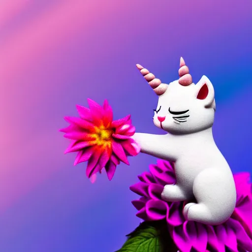 Prompt: very cute and tiny unicorn cat on Dahlia flower flying, pink cloudy in blue sky background, pixar style, cinematic lightning, award winning creature photography