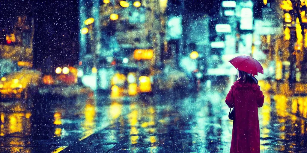 Image similar to a girl in a yellow raincoat, standing in the rain, holding a flower, night, tokyo street, raining , wet, artstation, cgsociety, depth of field, bokeh, neon lights