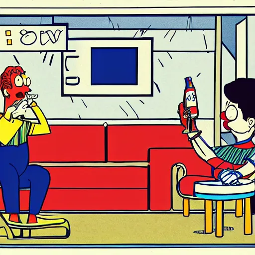 Image similar to illustration of the greek god eros who is a clown, has hurt his knee and sitting in a chair and is watching the game on tv with a beer in hand, by chris ware