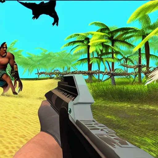 Prompt: Turok:Dinosaur Hunter (n64) beach level