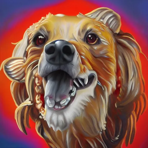 Image similar to high detail oil painting of a rabid dog, rabies foam made of emoji smiley faces, trending on artstation